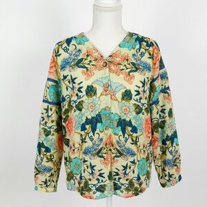Soft Surroundings Pl Boho Floral Button-Front Blouse in Cream, Coral & Teal